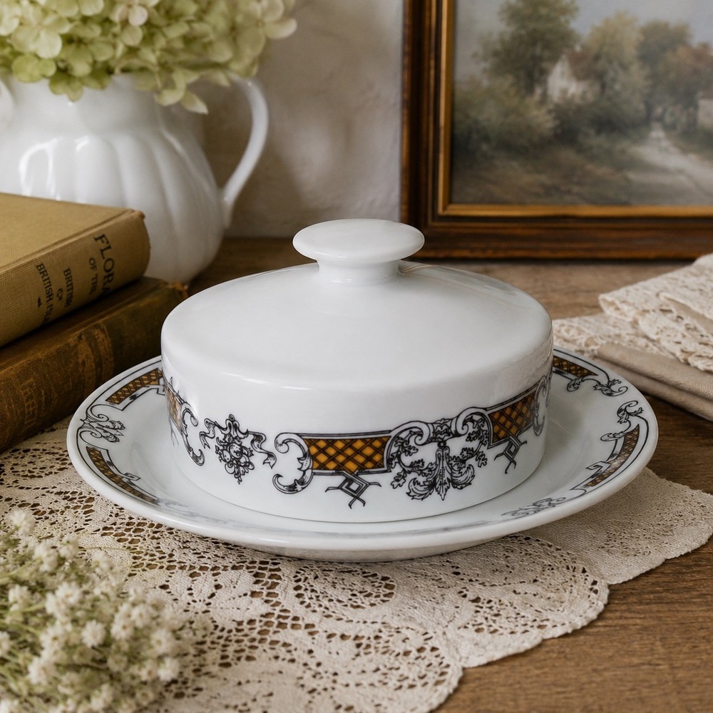 Vintage Czechoslovakia Porcelain Butter Dish Covered‎ Cheese Keeper Black White